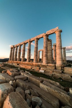 Sounion, Yunanistan, günbatımı altın saat Poseidon Tapınağı