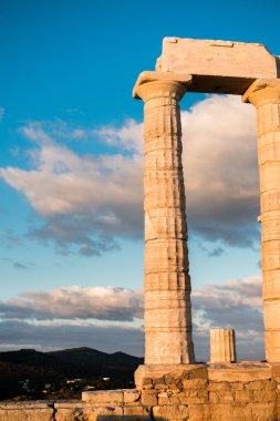Sounion, Yunanistan, günbatımı altın saat Poseidon Tapınağı
