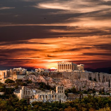 Güzel gün batımı Parthenon, Atina akropolisi tatiller