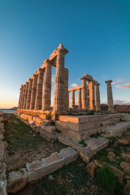 Sounion, Yunanistan, Poseidon Tapınağı günbatımı saat