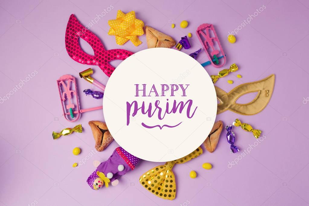 Purim holiday concept with white paper circle 