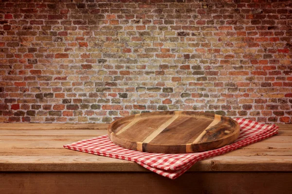 Wooden tray with checked tablecloth — Stock Photo, Image