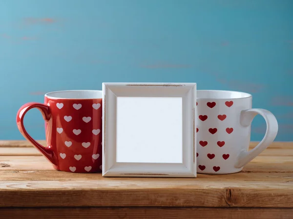Valentines Day Concept Cups Photo Frame Rustic Background — Stock Photo, Image