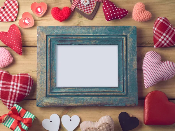 Valentines Day Background Vintage Photo Frame Heart Shapes Top View — Stock Photo, Image