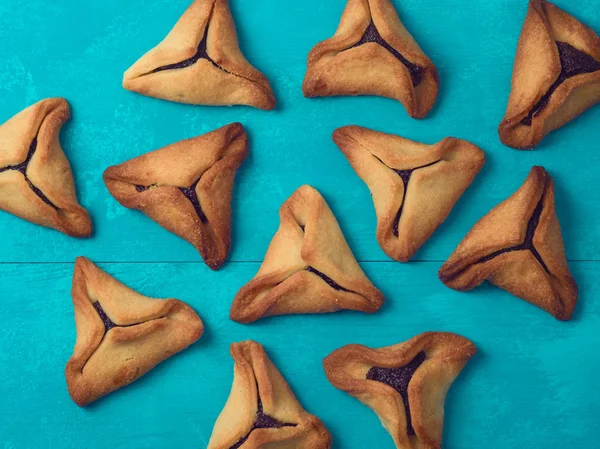 Hamantaschen Cookies Blauwe Tabelachtergrond Purim Vakantie Feest Bovenaanzicht — Stockfoto