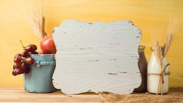 Wooden Board Milk Bottle Fruits Table Jewish Holiday Shavuot Concept — Stock Photo, Image