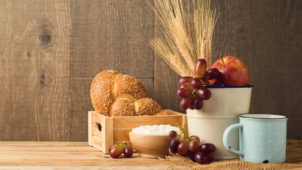 Cup Milk Fruits Bread Wooden Table Jewish Holiday Shavuot Concept — Stock Photo, Image
