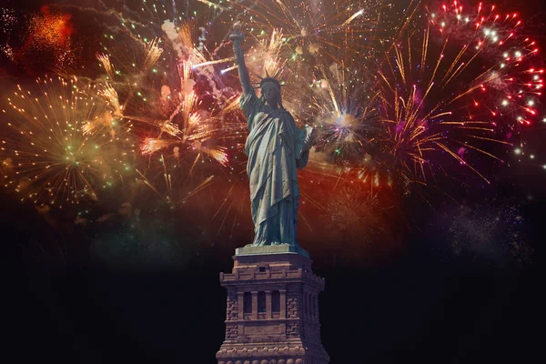 Statue of Liberty and fireworks — Stok fotoğraf