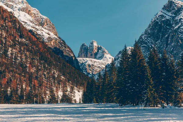 Зимний пейзаж с горами Доломитов. Сотрудничество в сфере путешествий и туризма — стоковое фото