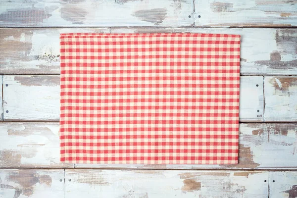Red Checked Tablecloth Rustic Wooden Table Kitchen Cooking Baking Mock — Stock Photo, Image