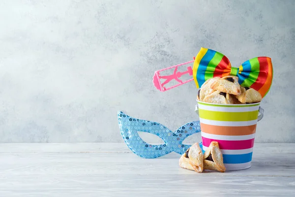 Joodse Vakantie Poerim Viering Achtergrond Met Hamantaschen Koekjes Houten Tafel — Stockfoto