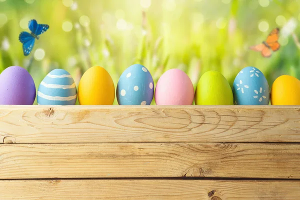 Vacaciones Pascua Bacjground Con Huevos Pascua Sobre Prado Hierba Verde — Foto de Stock
