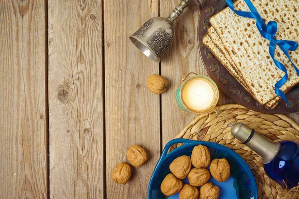 Jewish Holiday Passover Background Matzo Seder Plate Wine Wooden Table — Stock Photo, Image