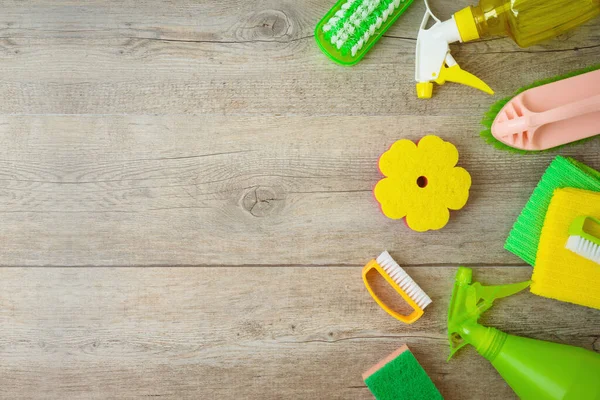 Spring Cleaning Concept Supplies Wooden Background Top View — Stock Photo, Image