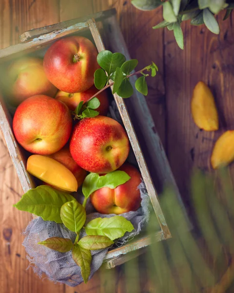 Ripe Peaches Wooden Box Selective Focus Top View — Stock Photo, Image