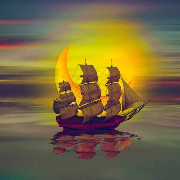 3D插图 夕阳西下的老船在海上漂流 — 图库照片
