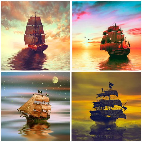 Ilustracja Zestaw Starych Statków Dryfujących Nad Morzem Zachodzie Słońca Niebie — Zdjęcie stockowe