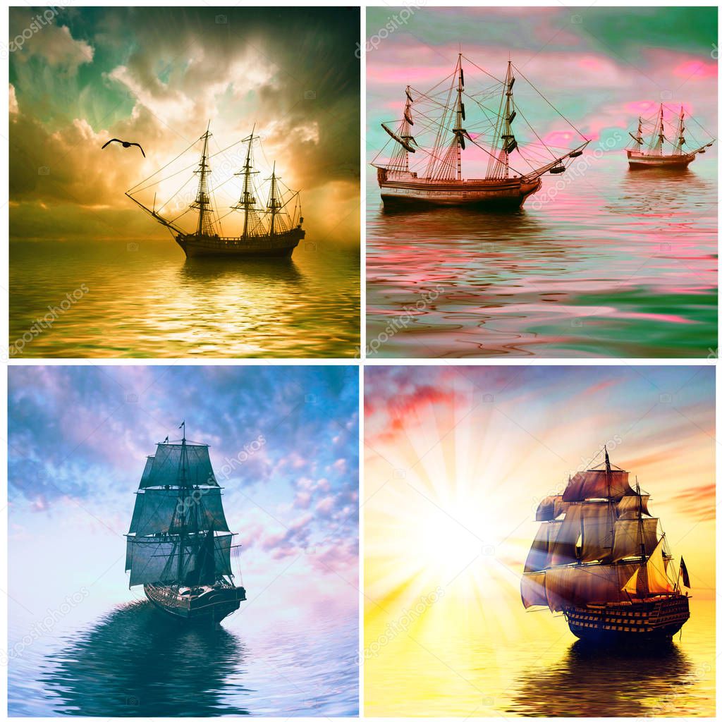3D illustration. Set of old ship drifting over sea at sunset in sky.