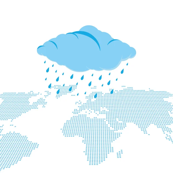 Nuvem azul com vazamento de água caindo sobre continentes — Vetor de Stock