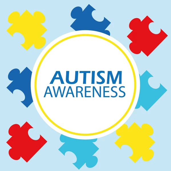 Figura circular blanca con texto que indica conciencia de autismo azul — Vector de stock