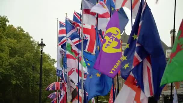 2019 웨일스 우키프 유럽연합 깃발을 국회의 앞에서 산들바람에 흔들며 — 비디오