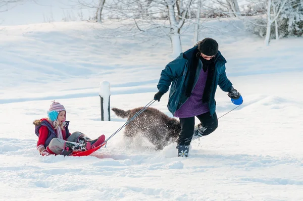 Een moeder sleurt haar dochter op een slee en een zwarte hond rent langs diepe sneeuw in een landelijke omgeving — Stockfoto