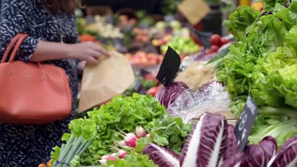 Een Vrouwelijke Klant Die Groenten Selecteert Bij Een Groente Fruitkraam — Stockvideo