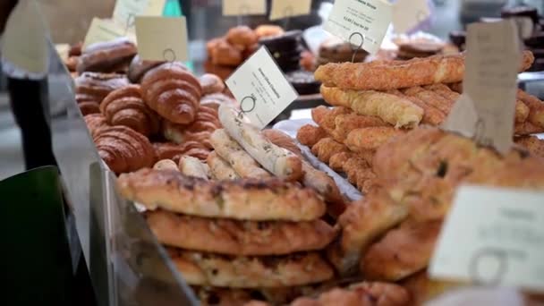 London September 2019 Pastries Breads Piled High Ready Sale Stall — Stock Video