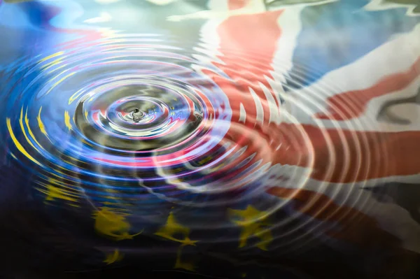 UK Union Jack and Stars of the European Union EU flags reflected in ripples of a water splash