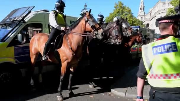 ロンドン 2019年9月20日 ロンドンのトラファルガー広場で開催された絶滅反乱行進で警察車両の前に設置された警察 — ストック動画