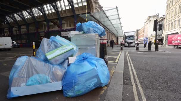 London September 2019 Lots Big Blue Bin Bags Full Rubbish — Stockvideo