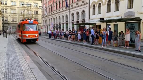 プラハ 2019年7月20日 明るいオレンジのプラハ ルブリケーティング トラムは トラム停留所で待っている乗客を通過します 2人の子供はレンタルした電気スクーターで密接に後ろに続きます — ストック動画