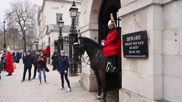 2020年2月3日 游客们摆出姿势拍照 在骑警游行入口处的哨兵拱门中充当家庭骑兵团的骑警 — 图库视频影像