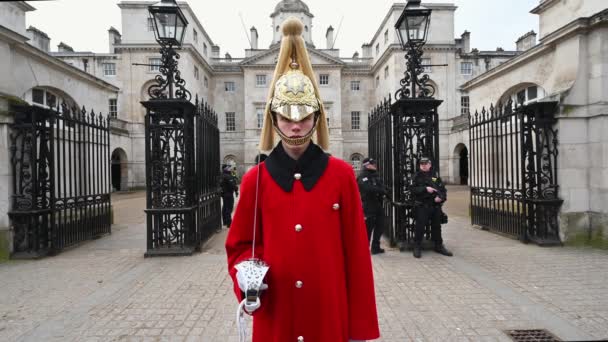 Londres Fevereiro 2020 Soldado Cavalaria Domiciliar Guarda Com Espada Entrada — Vídeo de Stock