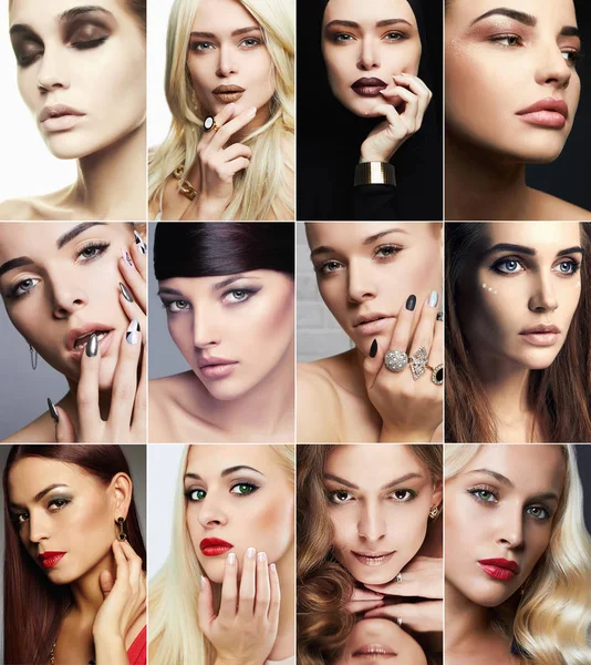 Skönhet collage. Ansikten av kvinnor. Makeup flickor — Stockfoto