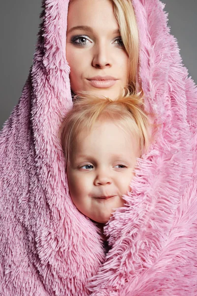 Happy Family in pink fur — Stock Photo, Image