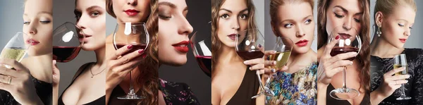 Collage van vrouwen drinken wijn. mooie meisjes — Stockfoto