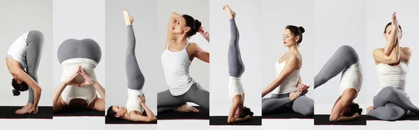 Joga kolaż. Młoda kobieta robi ćwiczenia jogi — Zdjęcie stockowe