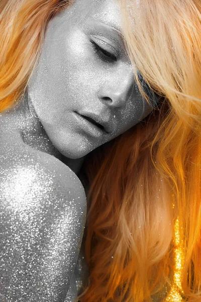 Girl with Silver skin and orange Hair — Stock Photo, Image