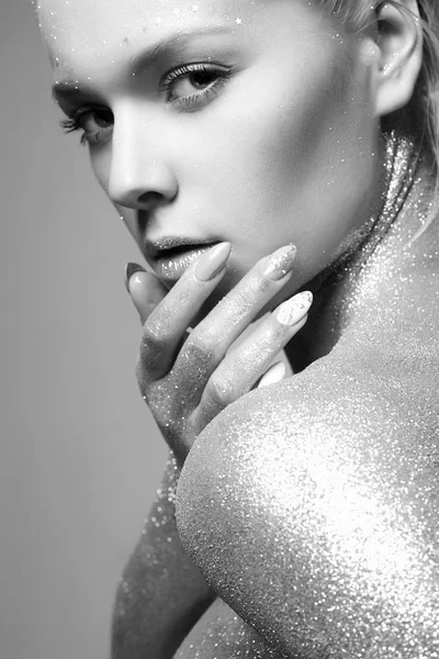Silver Girl. Beautiful Woman with Sparkles — Stock Photo, Image