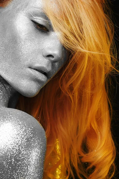 Beautiful Woman with Silver skin — Stock Photo, Image