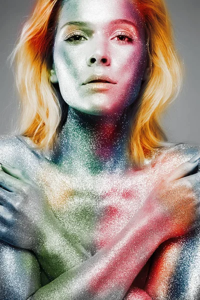 Mooie regenboog meisje in Sparkles — Stockfoto