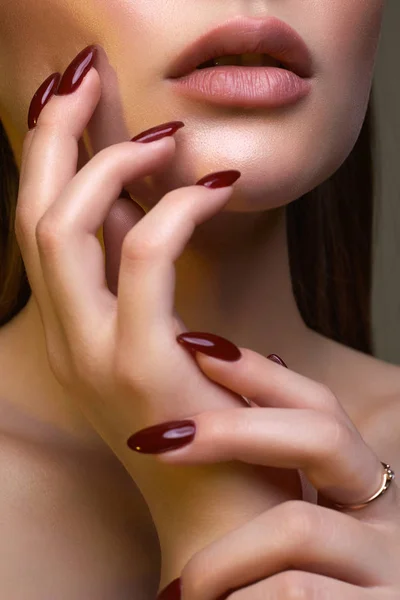 Beautiful female hands near face. beautiful woman — 스톡 사진