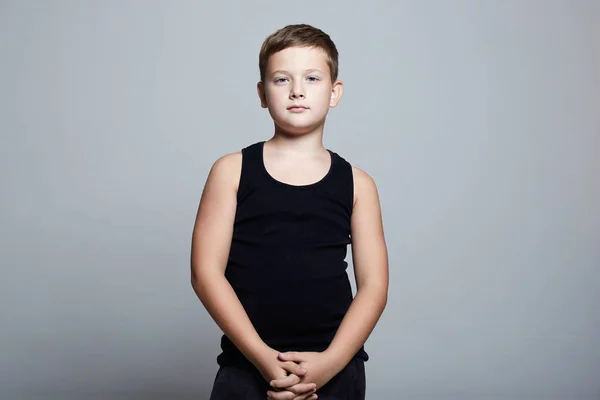 Cute Kid in Black Shirt. Handsome teen boy — Stock Photo, Image