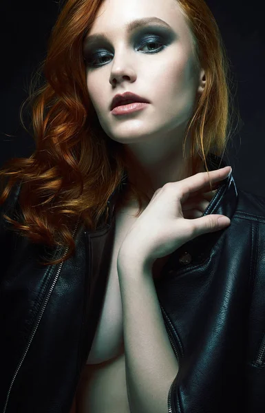 Beautiful Young Woman Red Hair Leather Beautiful Girl — Stock Photo, Image