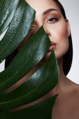 Palmiye yapraklı güzel kız. Makyajlı güzel bir genç kadın. Güzellik Portresi. Doğal Kozmetik