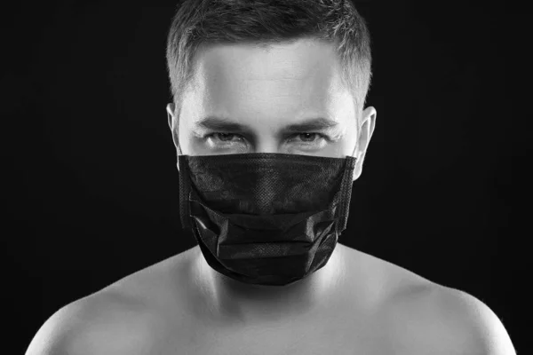 Mannen Mask Pojke Svart Mask Svart Och Vitt Mansporträtt Epidemi — Stockfoto