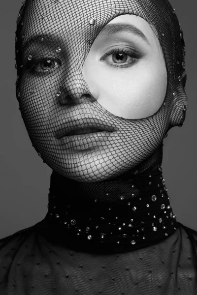 Beautiful Girl Mask Beautiful Woman Net Her Face Masquerade Sexy — Stock Photo, Image