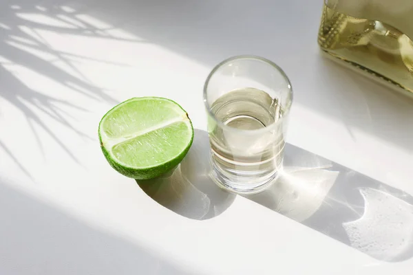 tequila and lime in sunny Day. drinks still life. traditional mexican drink