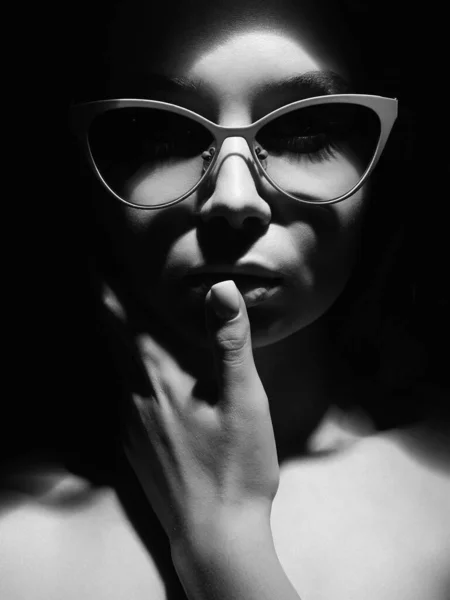 Black White Portrait Beautiful Woman Glasses Retro Style Portrait Lady — Stock Photo, Image